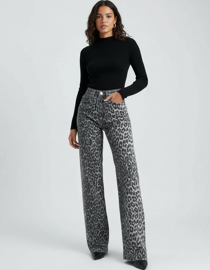Pantalon Léopard Gris Taille Haute Large Droit - Jean