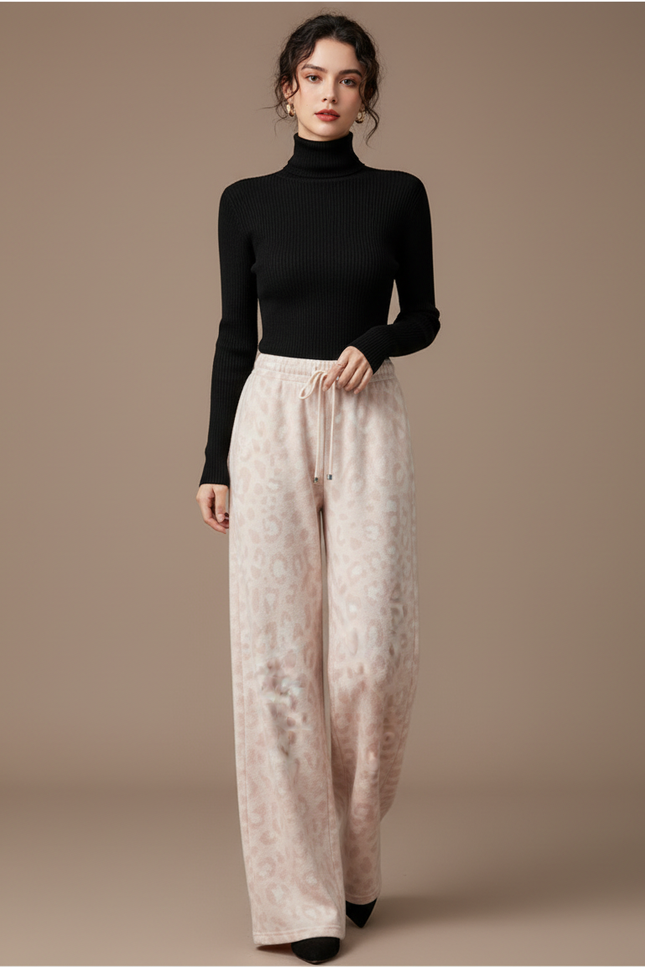 Pantalon Léopard Rose Ample Molletonné Taille Haute