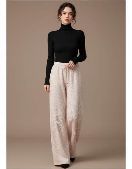 Pantalon Léopard Rose Ample Molletonné Taille Haute