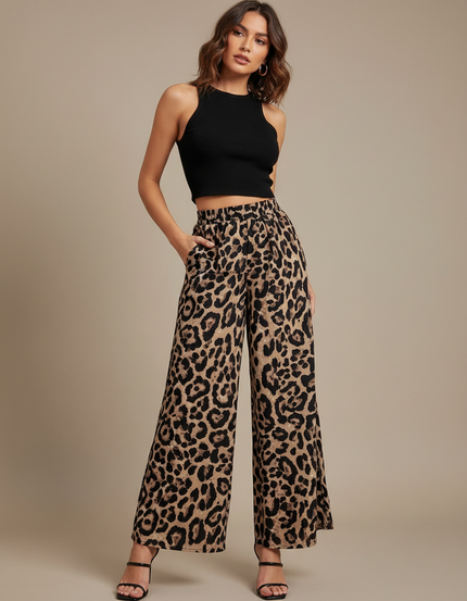 Pantalon Léopard Fluide Ample Taille Haute Imprimé - Viscose