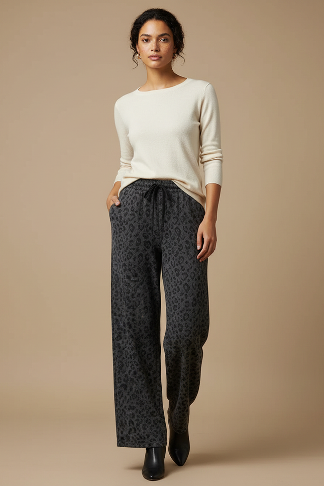 Pantalon Léopard Gris Ample Molletonné Femme