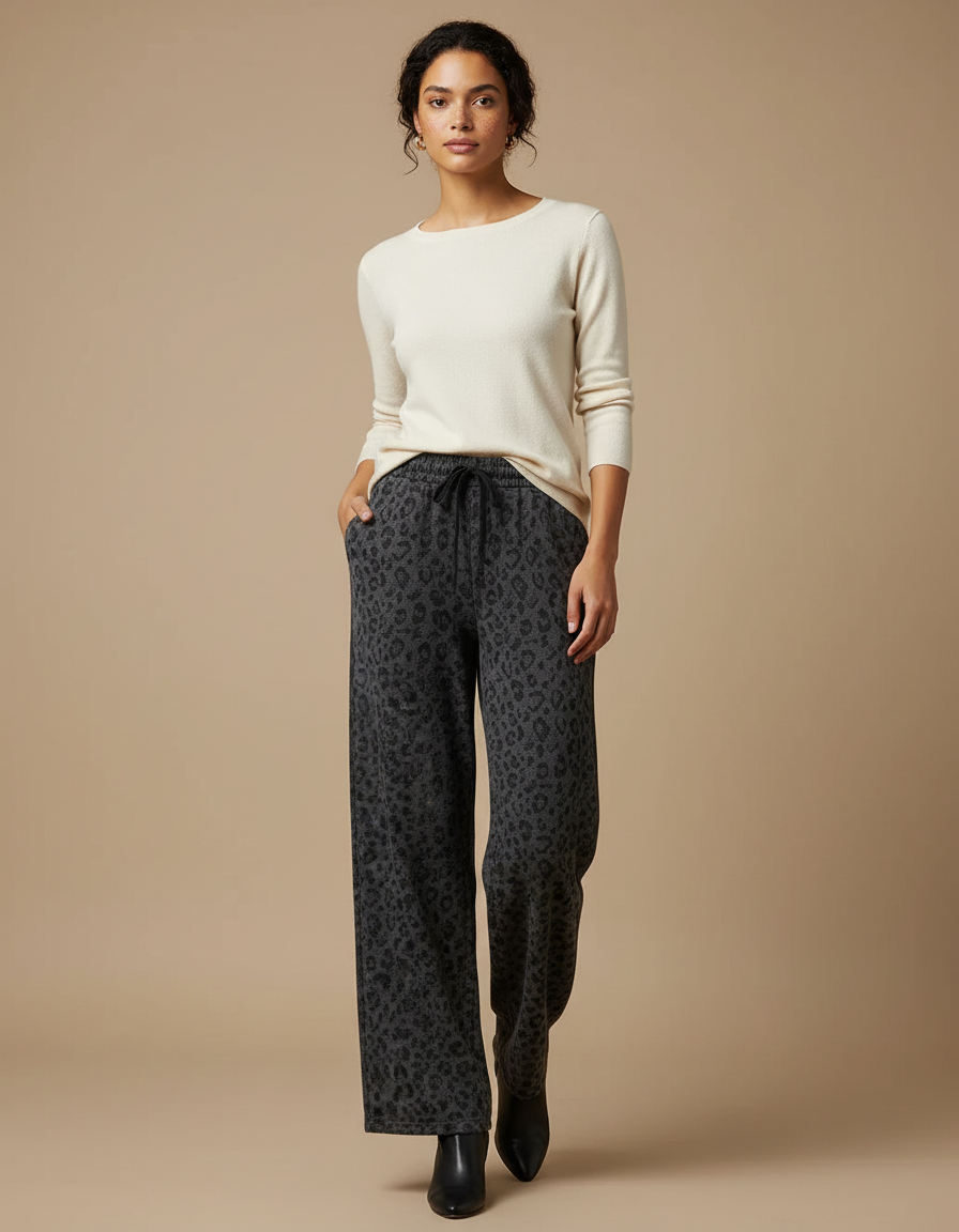 Pantalon Léopard Gris Ample Molletonné Femme