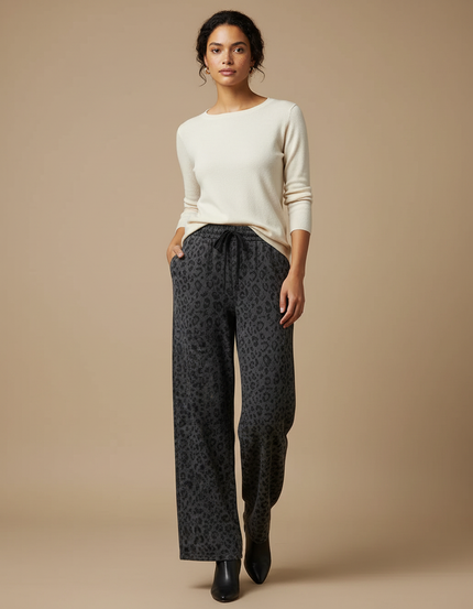 Pantalon Léopard Gris Ample Molletonné Femme