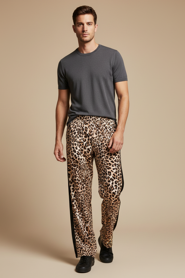 Pantalon Léopard Homme Imprimé Fluide Décontracté Noir - Satin