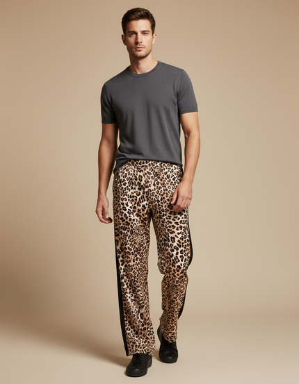 Pantalon Léopard Homme Imprimé Fluide Décontracté Noir - Satin