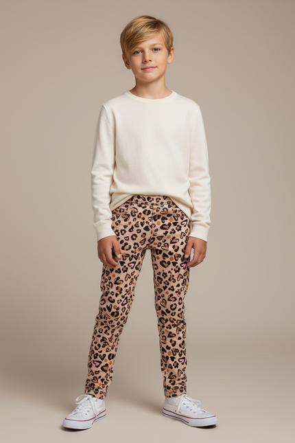 Pantalon Léopard Enfant Beige Coton Imprimé Cœurs - Maille
