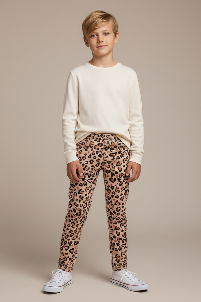 Pantalon Léopard Enfant Beige Coton Imprimé Cœurs - Maille