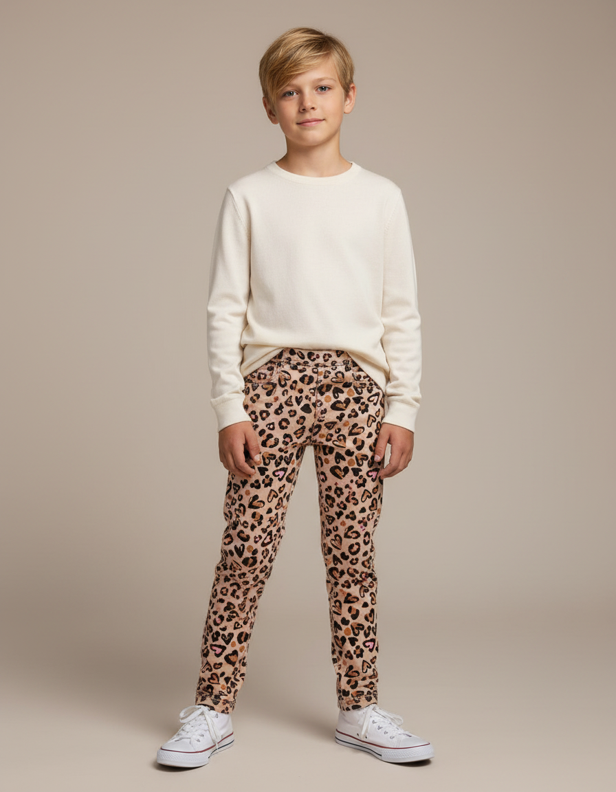 Pantalon Léopard Enfant Beige Coton Imprimé Cœurs - Maille