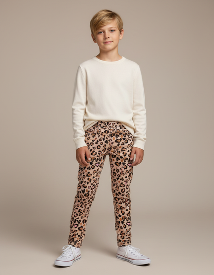 Pantalon Léopard Enfant Beige Coton Imprimé Cœurs - Maille