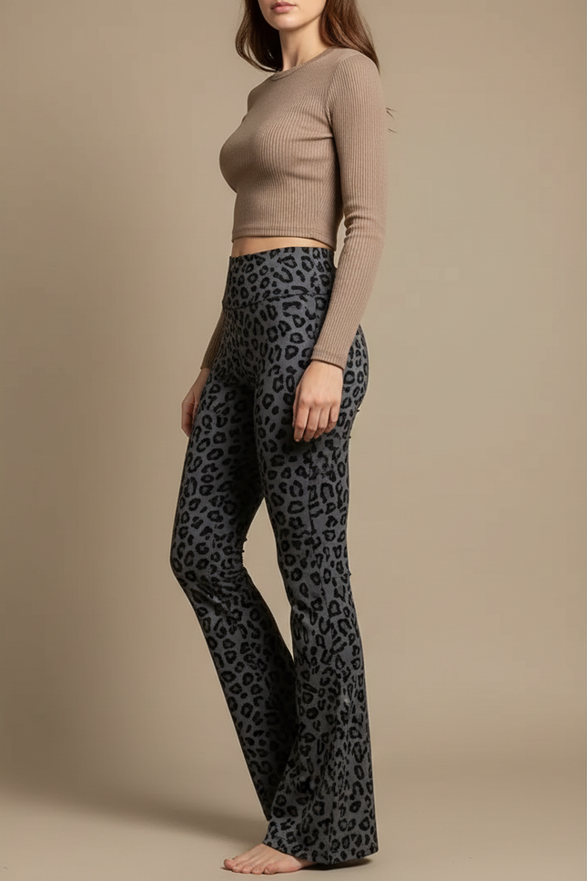 Pantalon Léopard Gris Évasé Imprimé Animal Confortable Femme - Molleton