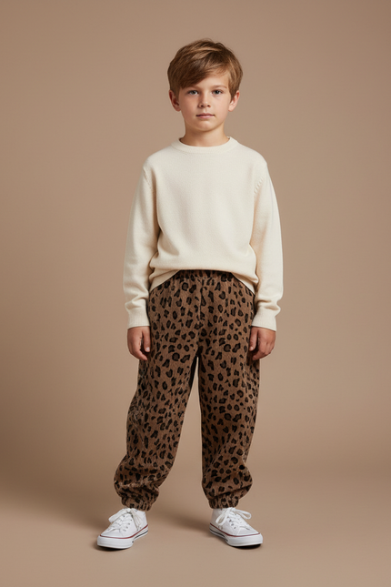 Pantalon Léopard Marron Côtelé Ample Enfant Décontracté - Cordé