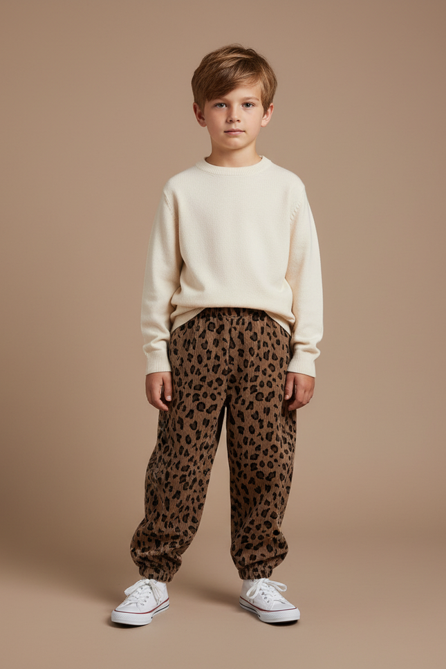 Pantalon Léopard Marron Côtelé Ample Enfant Décontracté - Cordé