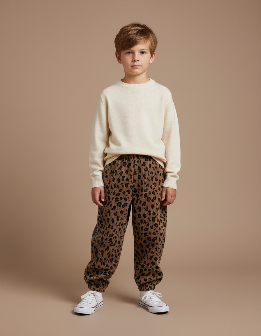 Pantalon Léopard Marron Côtelé Ample Enfant Décontracté - Cordé