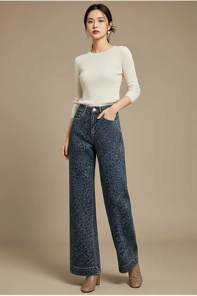 Pantalon Léopard Denim Ample Taille Haute Imprimé Femme - Jean