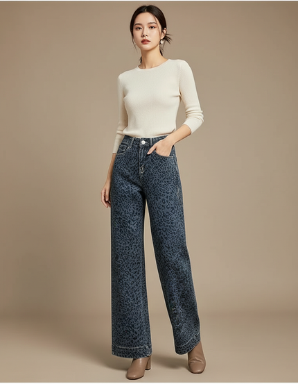 Pantalon Léopard Denim Ample Taille Haute Imprimé Femme - Jean