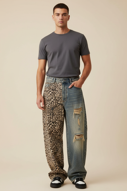 Pantalon Léopard Patchwork Jean Ripped Homme Décontracté - Multicolore
