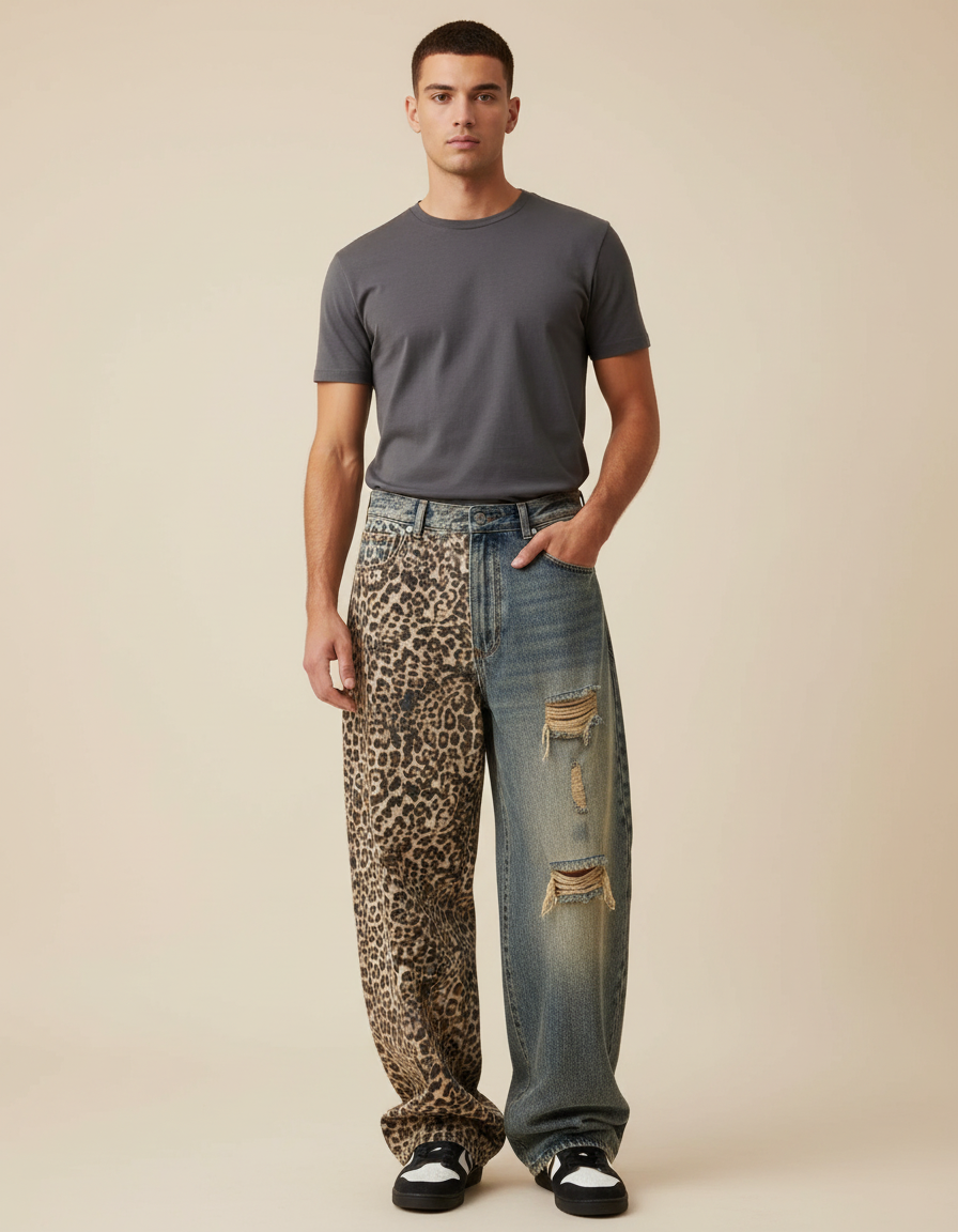 Pantalon Léopard Patchwork Jean Ripped Homme Décontracté - Multicolore