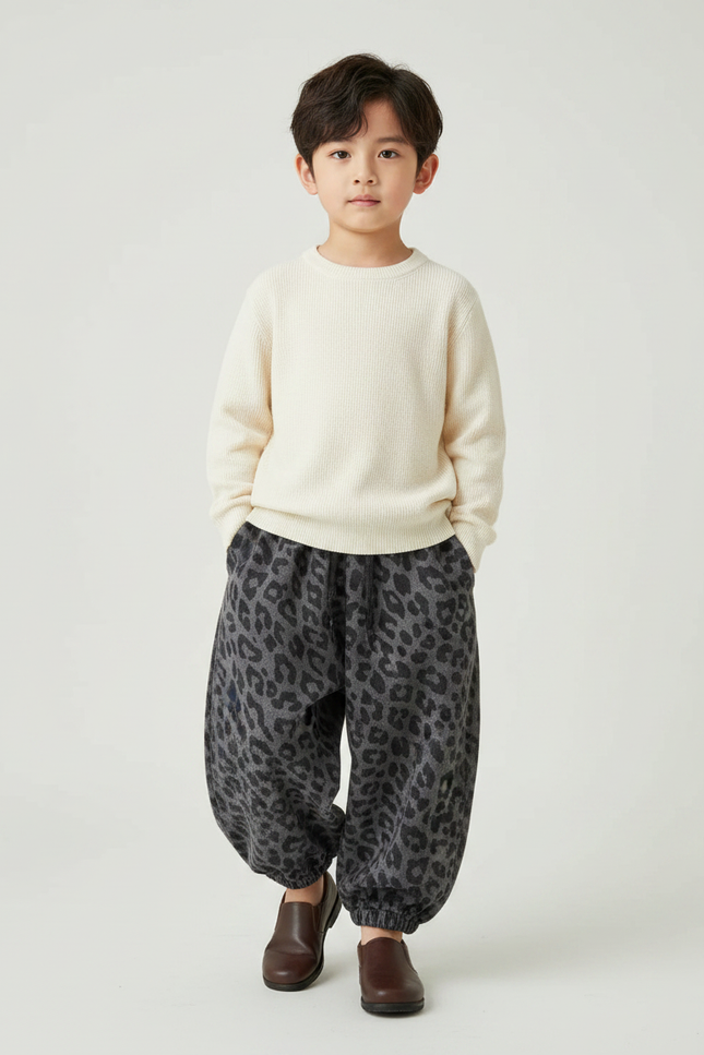 Pantalon Léopard Gris Ample Coton Enfant - Molleton