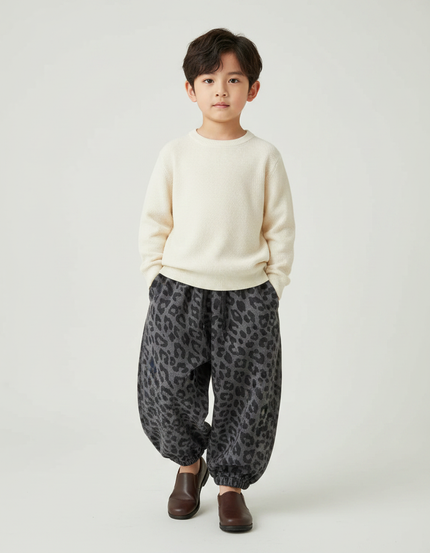 Pantalon Léopard Gris Ample Coton Enfant - Molleton