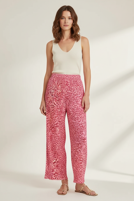 Pantalon Léopard Rose Plissé Fluide Taille Haute - Viscose