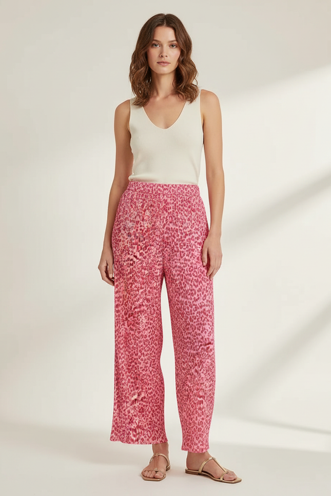 Pantalon Léopard Rose Plissé Fluide Taille Haute - Viscose