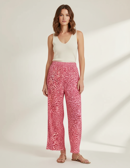 Pantalon Léopard Rose Plissé Fluide Taille Haute - Viscose