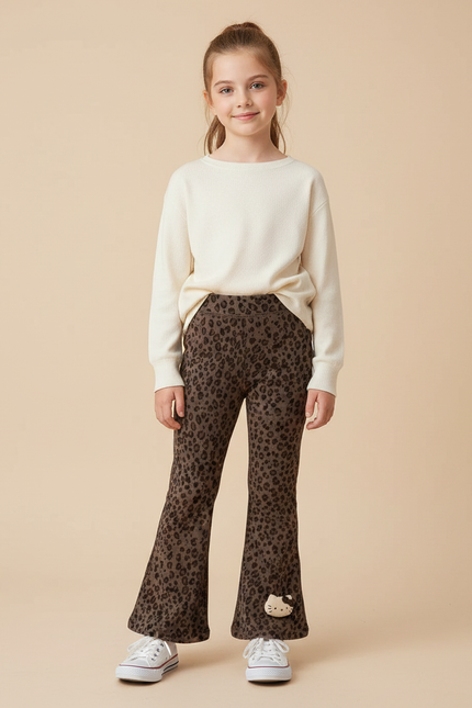 Pantalon Léopard Marron Évasé Imprimé Hello Kitty - Molleton