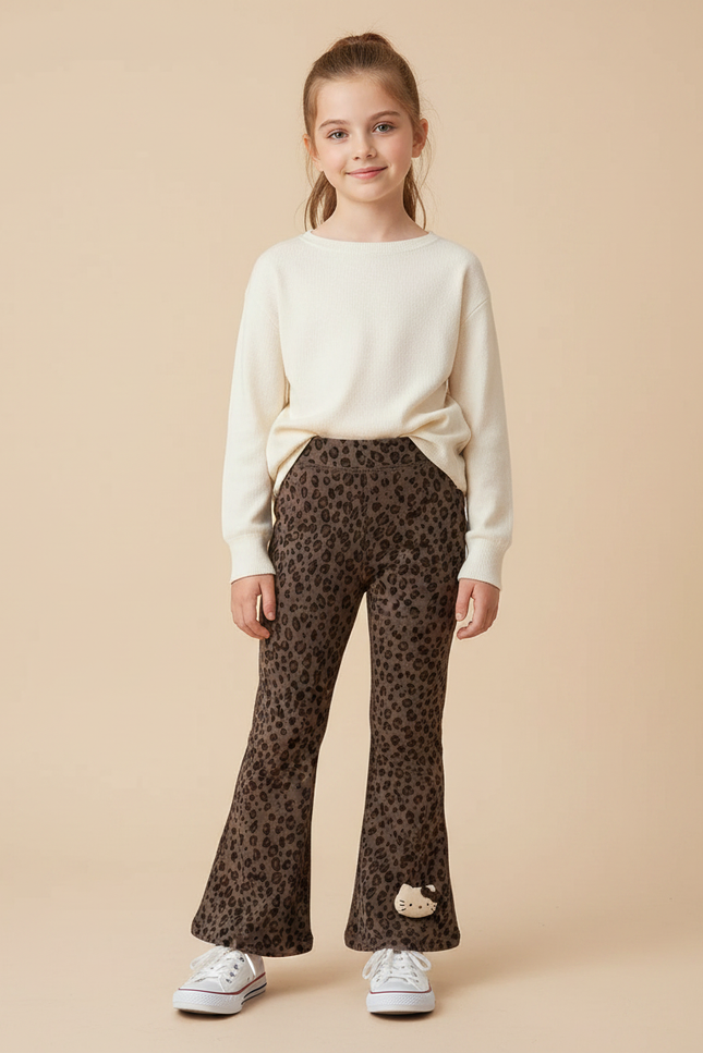 Pantalon Léopard Marron Évasé Imprimé Hello Kitty - Molleton