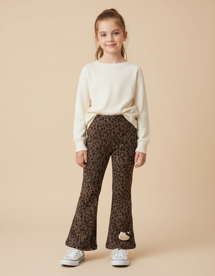 Pantalon Léopard Marron Évasé Imprimé Hello Kitty - Molleton