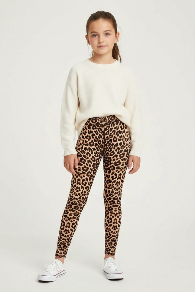 Pantalon Léopard Marron Imprimé Slim Confortable Fille - Polyester