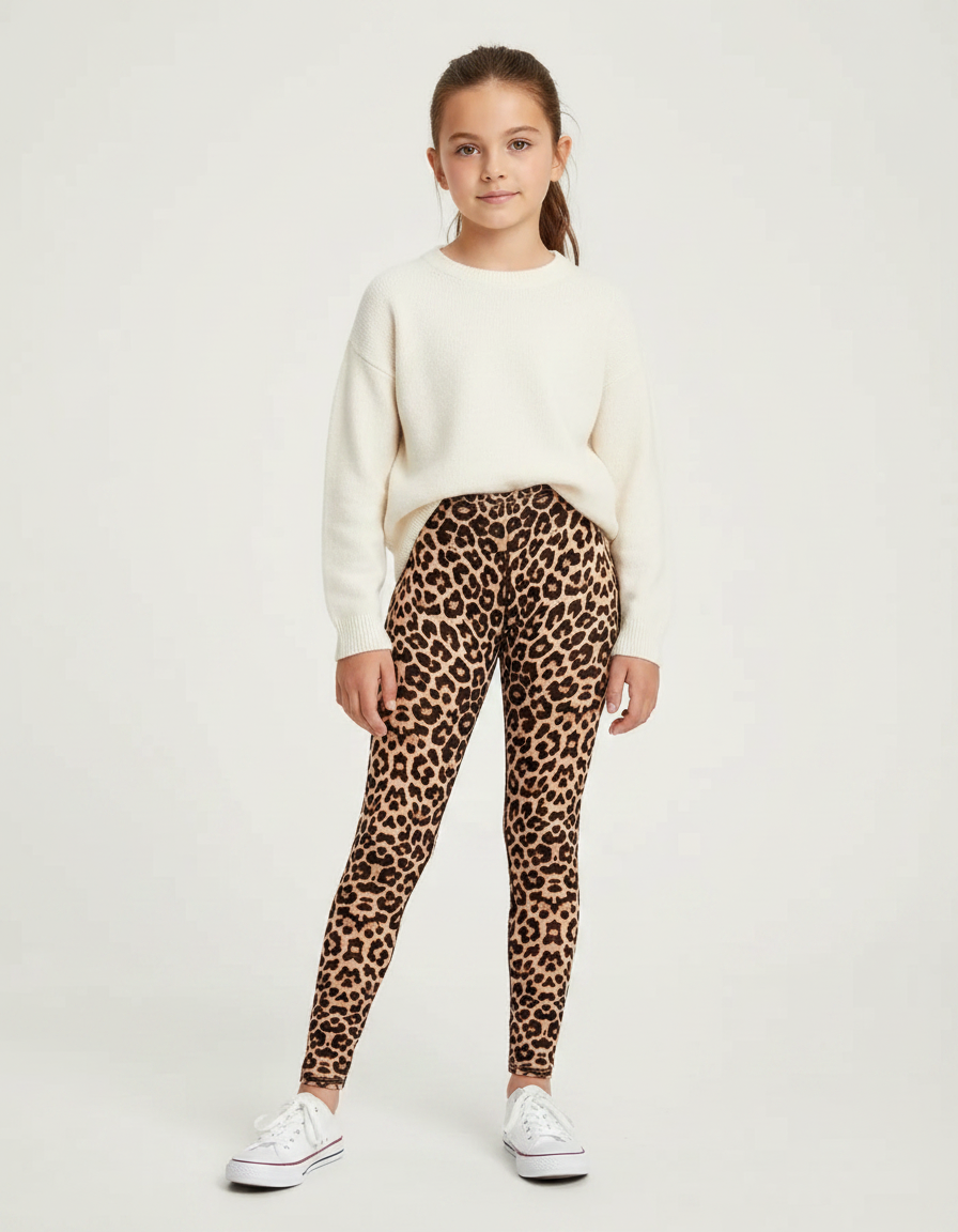 Pantalon Léopard Marron Imprimé Slim Confortable Fille - Polyester