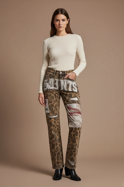 Pantalon Léopard Marron Brodé Patchwork Délavé Streetwear - Jean