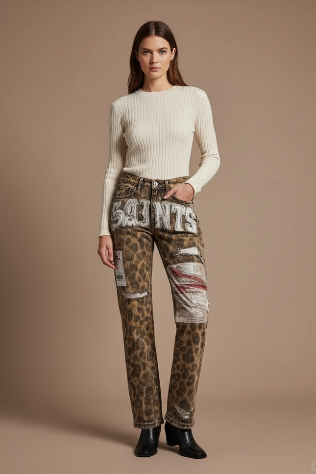 Pantalon Léopard Marron Brodé Patchwork Délavé Streetwear - Jean