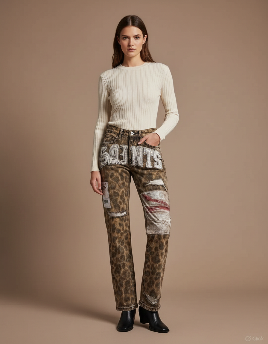 Pantalon Léopard Marron Brodé Patchwork Délavé Streetwear - Jean