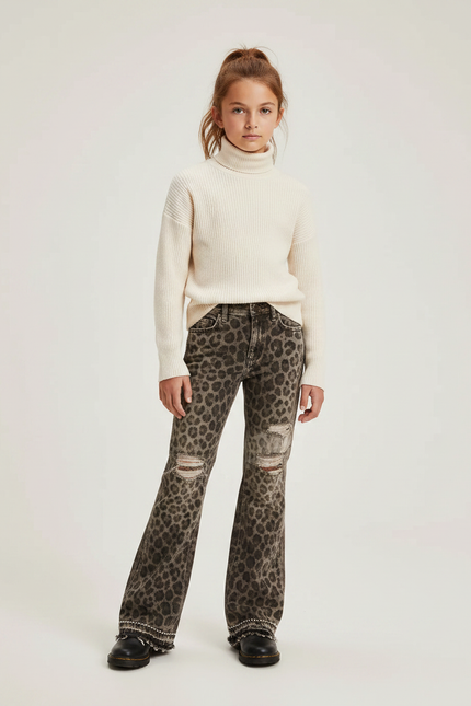 Pantalon Léopard Évasé Déchiré Clouté Marron Fille - Jean