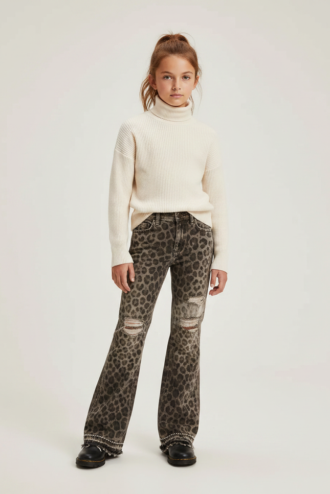 Pantalon Léopard Évasé Déchiré Clouté Marron Fille - Jean