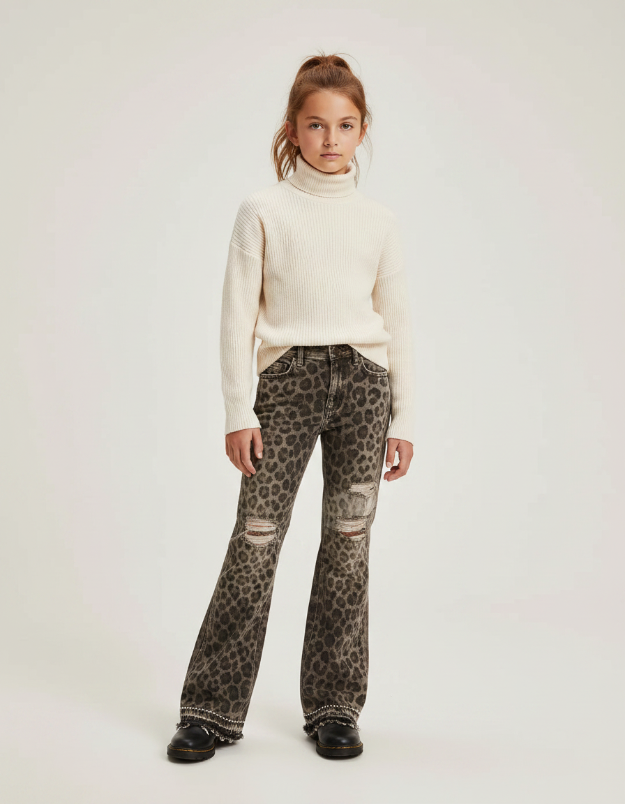 Pantalon Léopard Évasé Déchiré Clouté Marron Fille - Jean