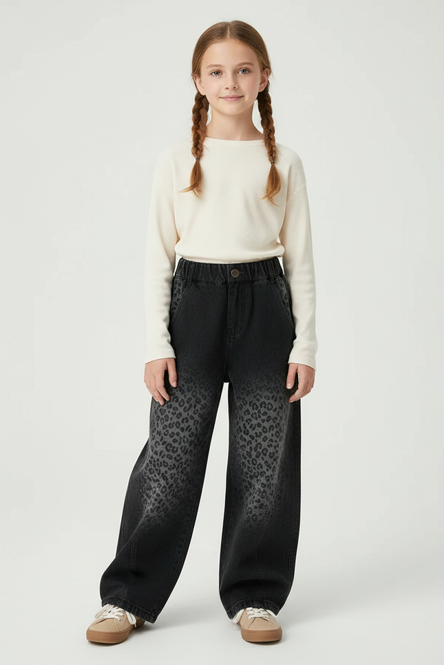 Pantalon Léopard Noir Dégradé Denim Ample Fille - Jean