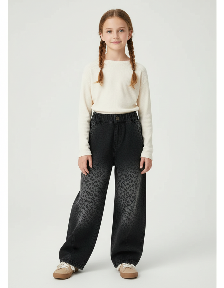 Pantalon Léopard Noir Dégradé Denim Ample Fille - Jean
