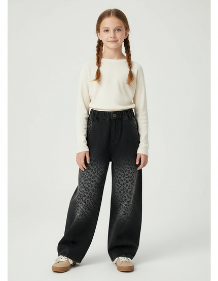 Pantalon Léopard Noir Dégradé Denim Ample Fille - Jean