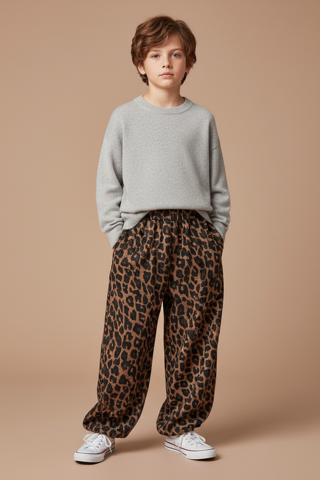 Pantalon Léopard Marron Ample Imprimé Enfant Coton - Molleton