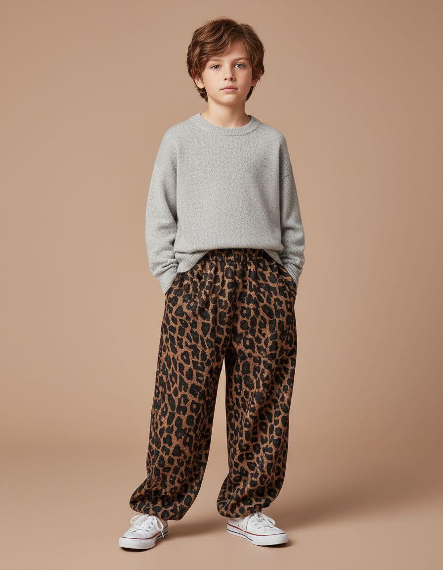 Pantalon Léopard Marron Ample Imprimé Enfant Coton - Molleton
