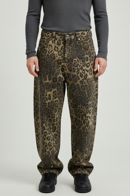 Pantalon Léopard Marron Ample Imprimé Denim Homme - Jean