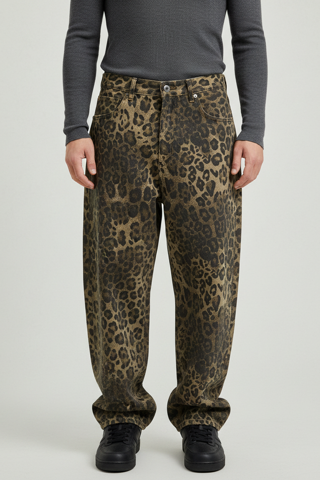 Pantalon Léopard Marron Ample Imprimé Denim Homme - Jean