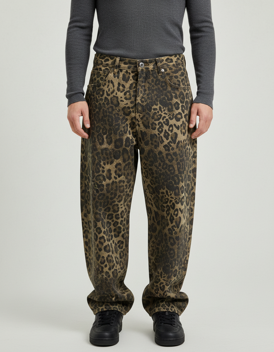 Pantalon Léopard Marron Ample Imprimé Denim Homme - Jean