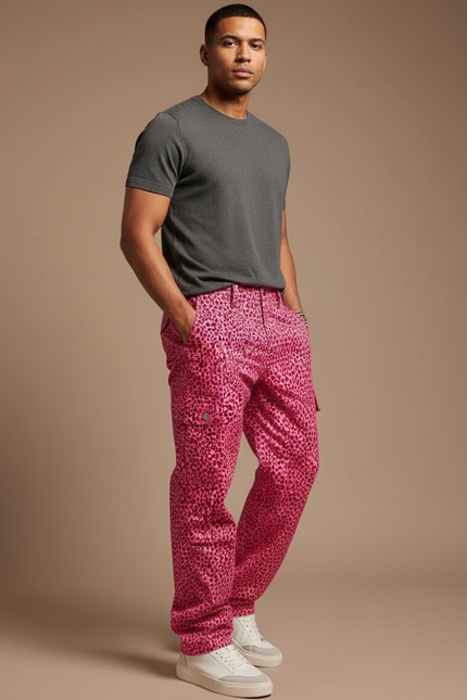 Pantalon Léopard Rose Cargo Ample Homme - Toile