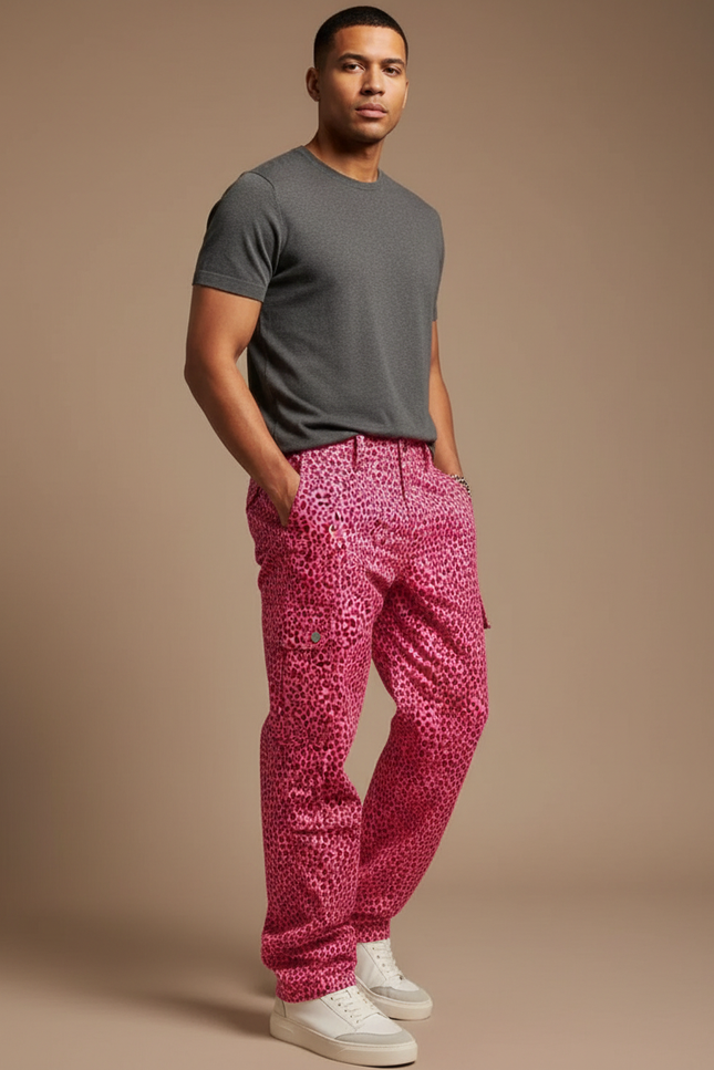 Pantalon Léopard Rose Cargo Ample Homme - Toile
