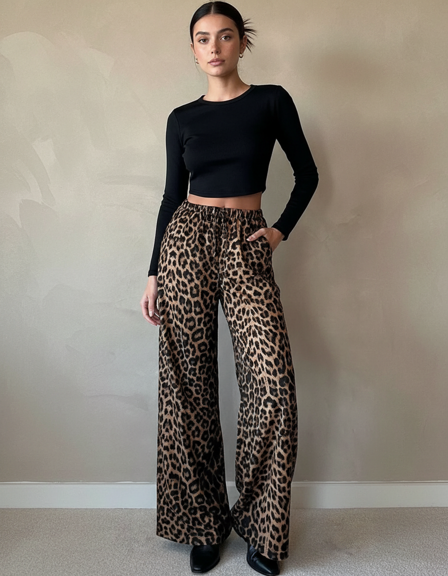 Pantalon Léopard Ample Imprimé Fluide Confortable Femme - Viscose