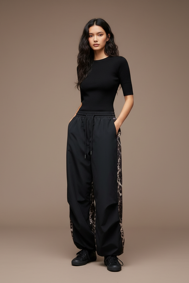 Pantalon Léopard Noir Ample Patchwork Décontracté - Polyester