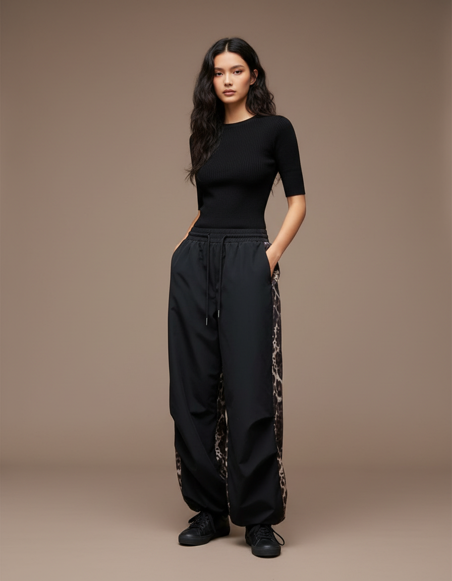 Pantalon Léopard Noir Ample Patchwork Décontracté - Polyester